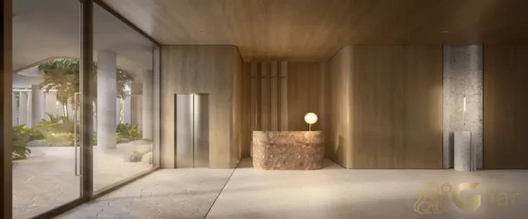 Lobby com concierge do Granoscar Ibirapuera – recepção elegante e atendimento exclusivo em Moema