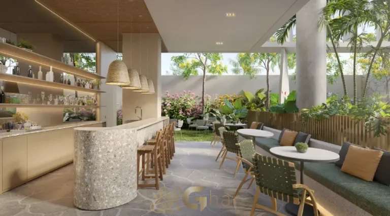 Pool Bar do Granoscar Ibirapuera – área de lazer elegante junto às piscinas do condomínio de luxo