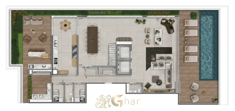 Planta apartamento duplex inferior 654 m² Granoscar Ibirapuera – área social com piscina privativa e integração total