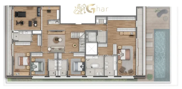Planta apartamento duplex superior 636 m² Granoscar Ibirapuera – área íntima e suítes de alto padrão