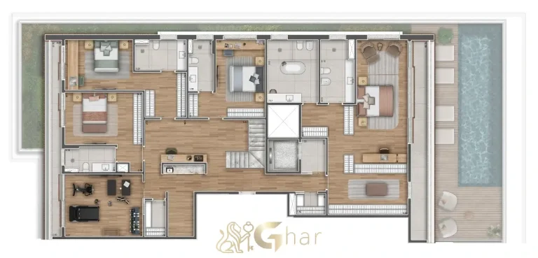 Planta apartamento duplex superior 654 m² Granoscar Ibirapuera – área íntima e suítes com vista panorâmica