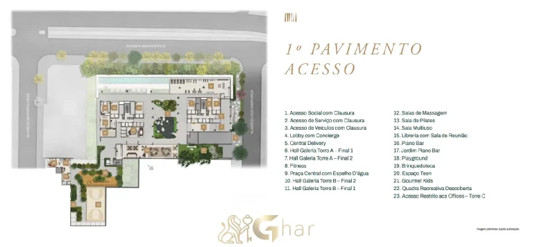 Planta implantação 1º pavimento Granoscar Ibirapuera – lazer completo e integração com áreas verdes