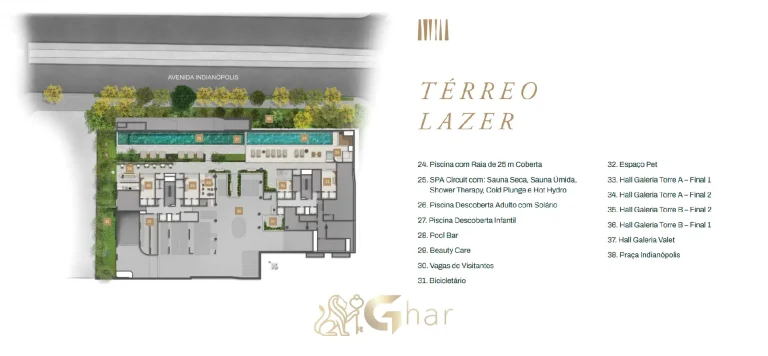 Planta implantação térreo Granoscar Ibirapuera – áreas de lazer, convivência e paisagismo Hanazaki