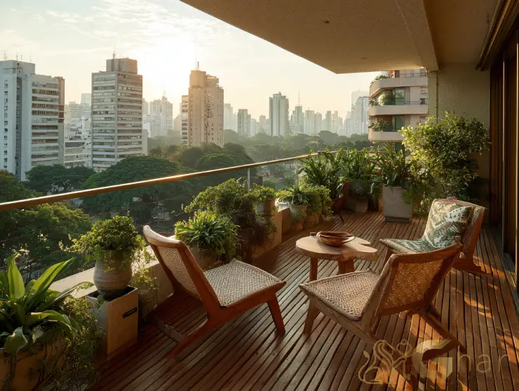 Apartamento em construção com varanda e vista arborizada