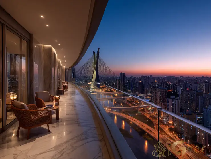 Apartamento em construção com varanda e vista para a Ponte Estaiada em São Paulo