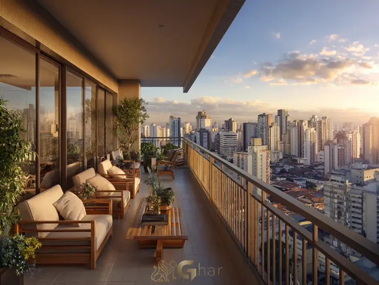 Apartamento em construção com varanda e vista panorâmica do Centro de São Paulo
