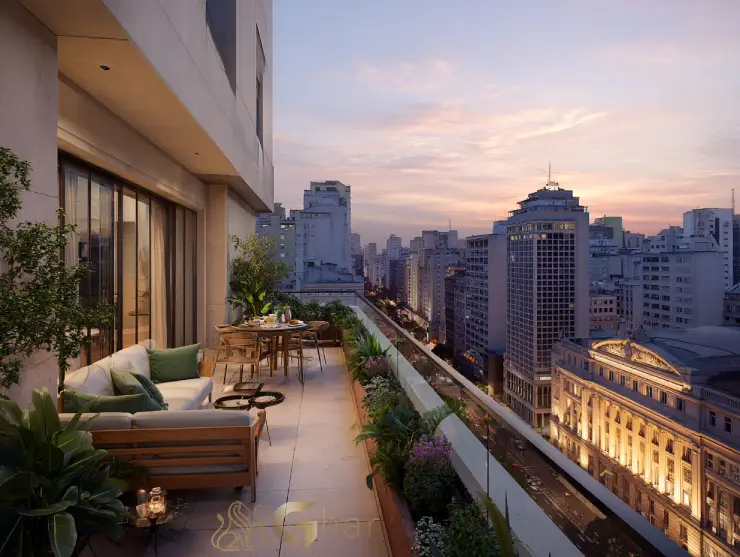 Vista de avenida no Centro de São Paulo a partir da varanda de um apartamento em construção