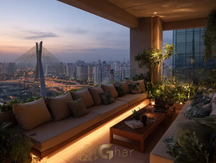 Varanda de apartamento em construção com vista para a Ponte Estaiada em São Paulo