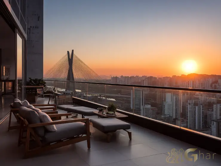 Varanda de apartamento de luxo com vista para a Ponte Estaiada em São Paulo