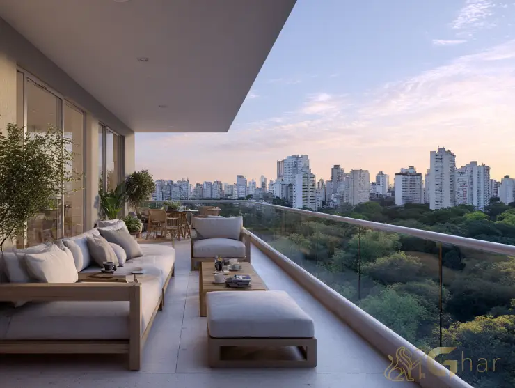 Varanda de apartamento em construção com vista para a Zona Norte de São Paulo