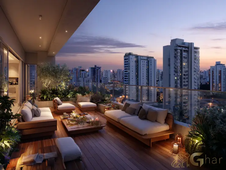 Varanda de apartamento em construção com vista para os prédios da Zona Oeste de São Paulo