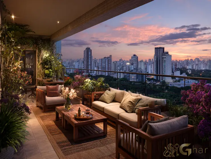 Varanda de apartamento em construção na capital com vista urbana