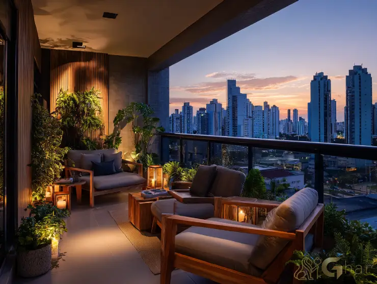 Varanda de apartamento moderno com vista para o pôr do sol – Capital Paulista SP
