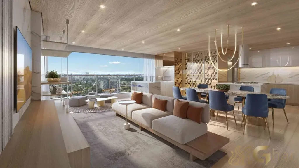 Living do apartamento de 112 m² decorado no Mirant Ibirapuera