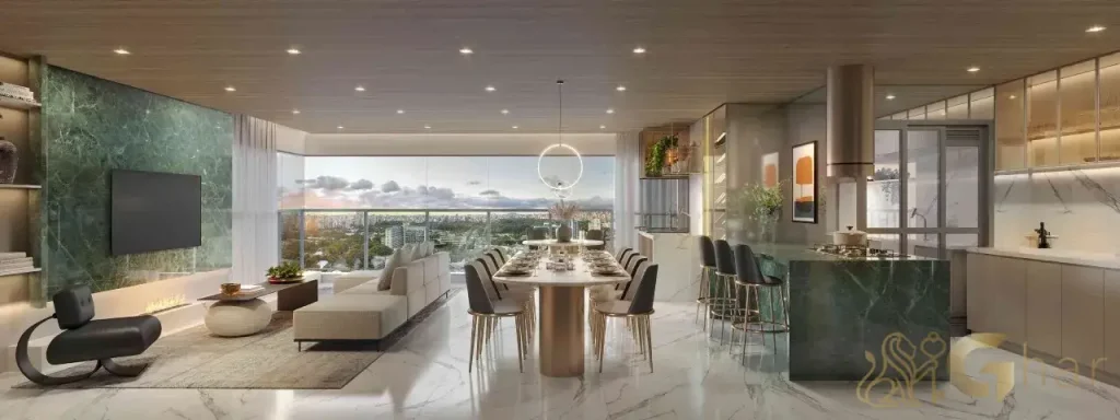 Living decorado do apartamento de 151 m² no Mirant Ibirapuera