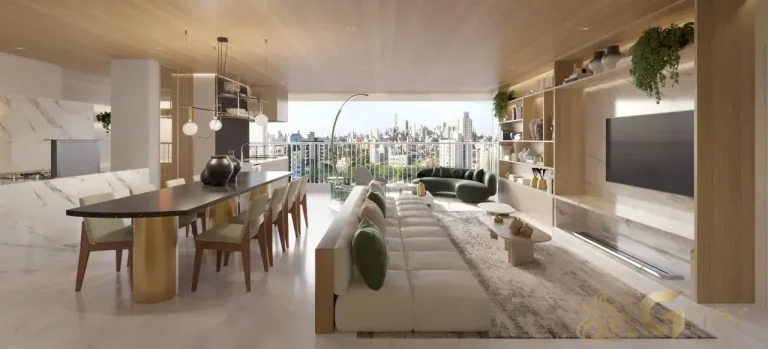 Living integrado com varanda do apartamento decorado no Mirant Ibirapuera