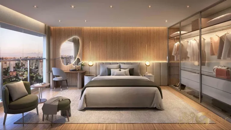 Suíte decorada do apartamento de 178 m² no Mirant Ibirapuera