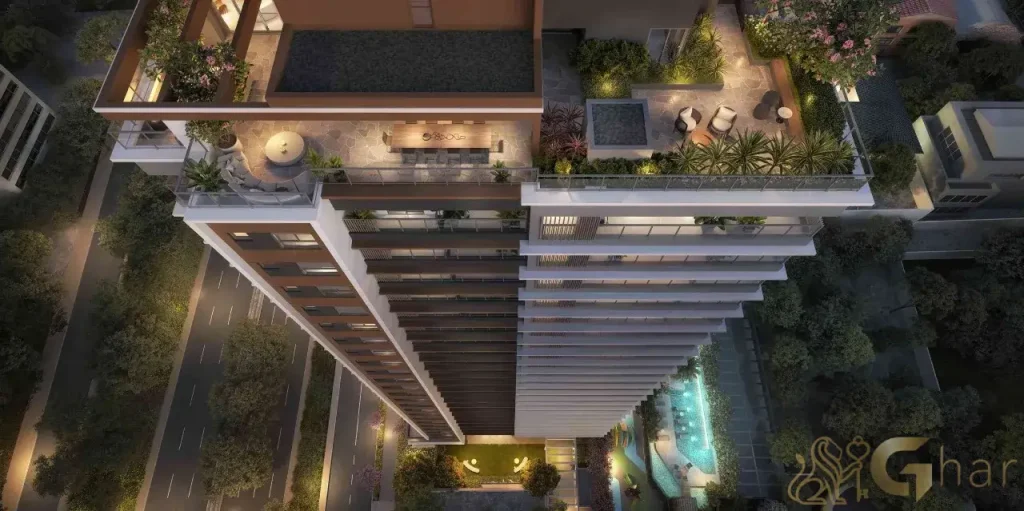 Vista aérea da cobertura e fachada do Mirant Ibirapuera com sky lounge panorâmico