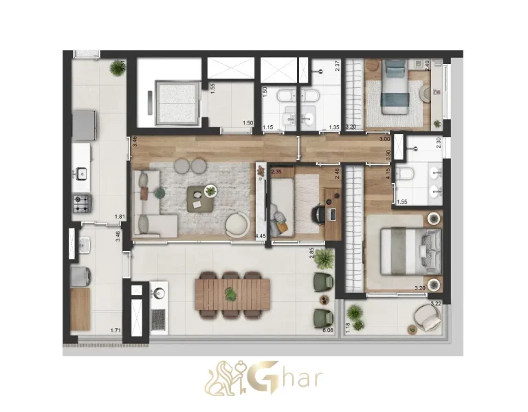 Planta do apartamento de 112 m² com 3 dormitórios e 1 suíte no Mirant Ibirapuera