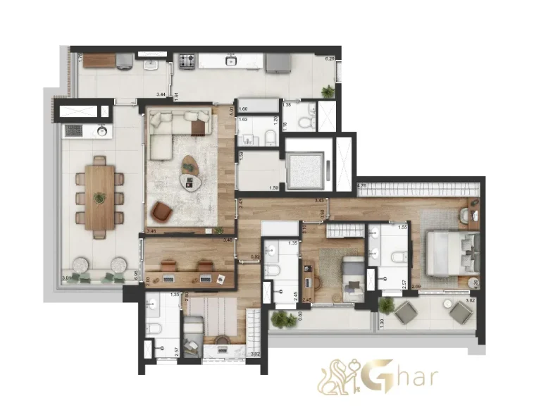 Planta do apartamento de 151 m² com 3 suítes e home office no Mirant Ibirapuera