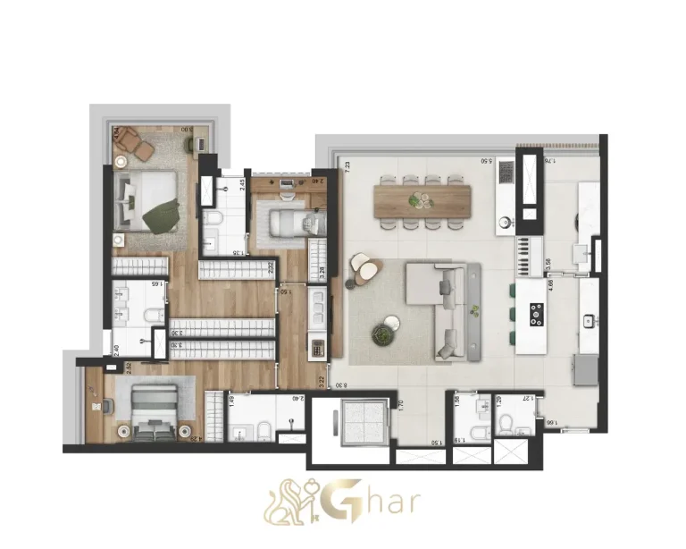 Planta do apartamento de 142 m² com 3 suítes e sala ampliada no Mirant Ibirapuera