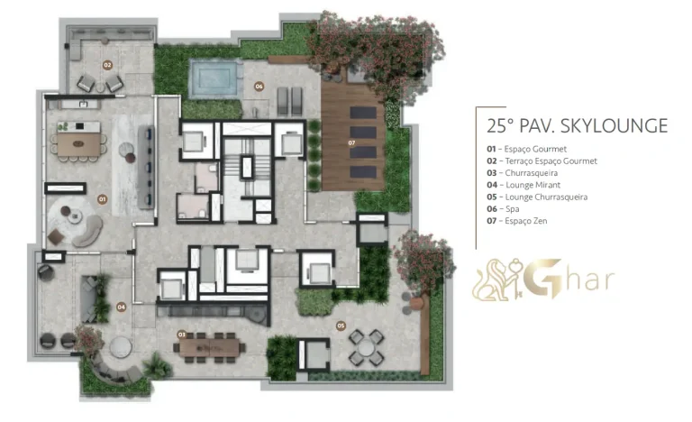 Planta do 25º pavimento do Mirant Ibirapuera com sky lounge e áreas de convivência