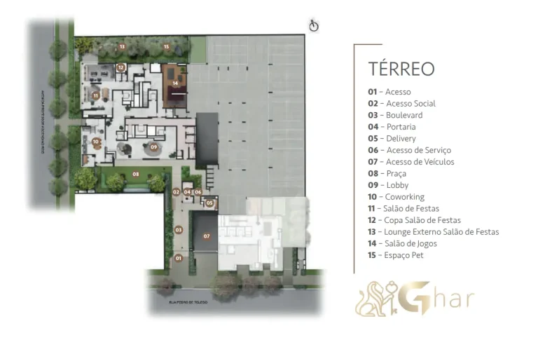 Planta de implantação do térreo do Mirant Ibirapuera com áreas comuns e paisagismo