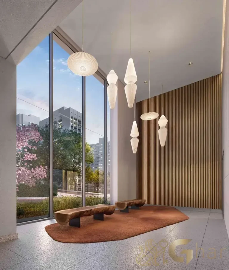 Lobby residencial do Península Vila Madalena com decoração sofisticada