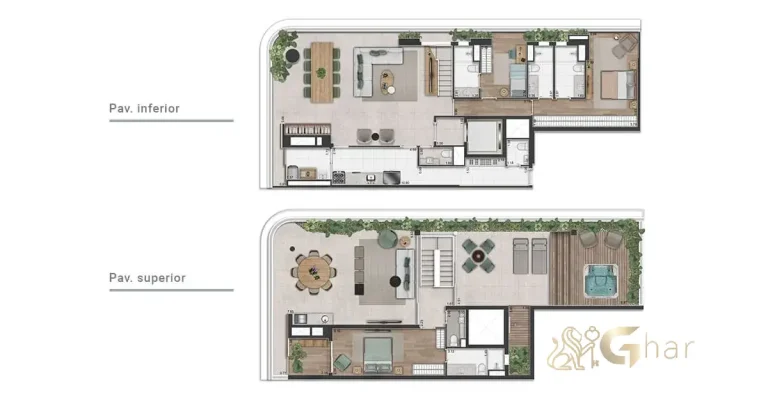 Planta do apartamento duplex de 3 suítes e 300 m² no Península Vila Madalena