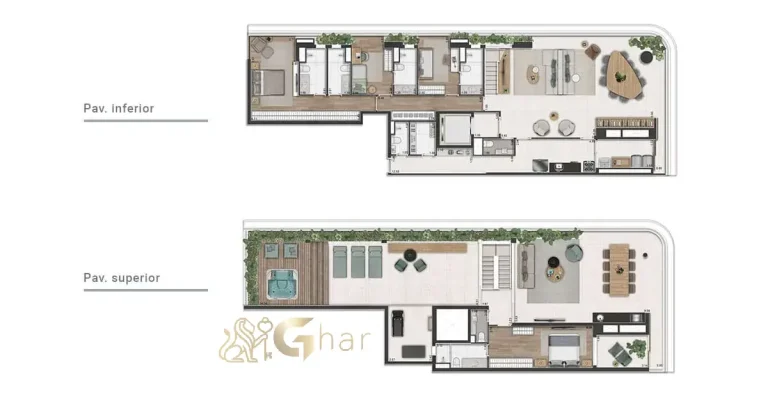 Planta do apartamento duplex de 4 suítes e 374 m² no Península Vila Madalena