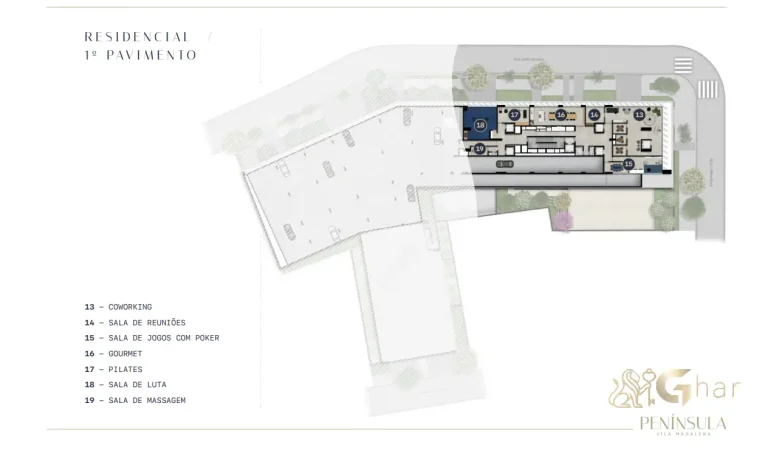 Planta do 1º pavimento com áreas de lazer do Península Vila Madalena