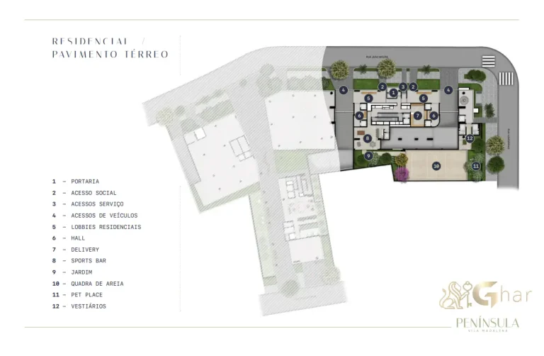 Planta de implantação do térreo com lazer do Península Vila Madalena