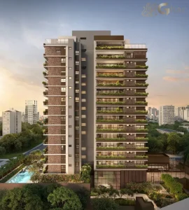 Fachada moderna do Praça dos Omaguás Pinheiros com arquitetura contemporânea