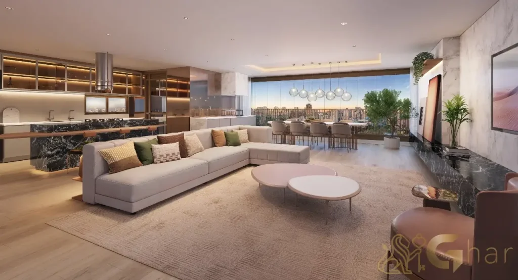Living do apartamento decorado Quarten Ibirapuera – Unidade de 164 m² com sala ampliada e acabamentos de luxo