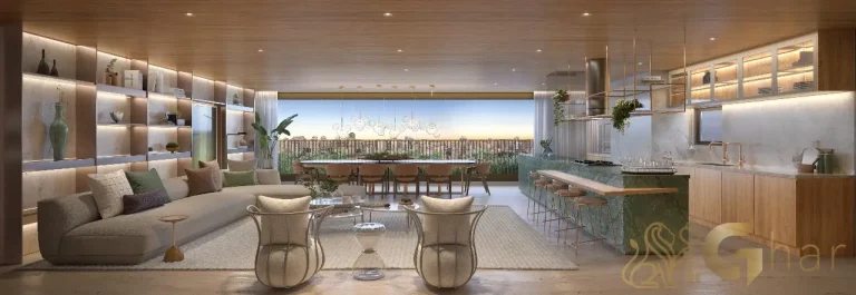 Living do apartamento decorado Quarten Ibirapuera – Unidade de 207 m² com design moderno e sala ampliada