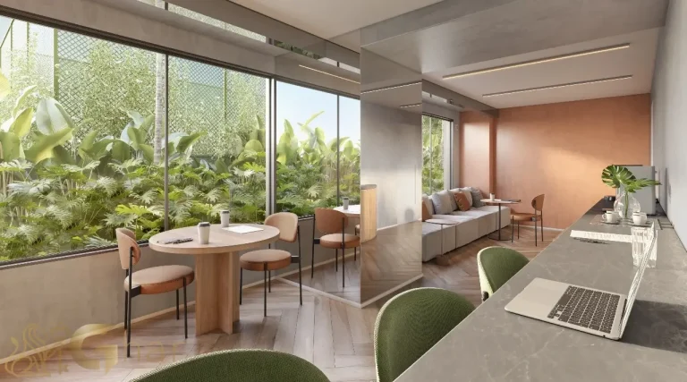 Espaço coworking do Quarten Ibirapuera – Ambiente de trabalho moderno em condomínio de alto padrão no Ibirapuera