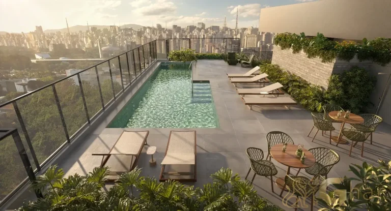 Piscina rooftop do Quarten Ibirapuera – Solarium com vista panorâmica em condomínio de alto padrão