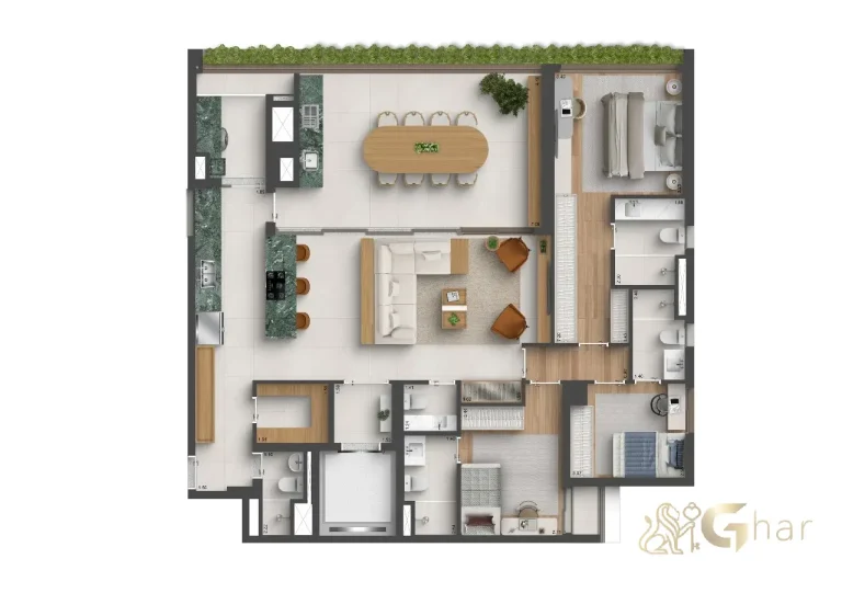 Planta apartamento 3 suítes com sala ampliada e cozinha aberta – Quarten Ibirapuera 164 m²