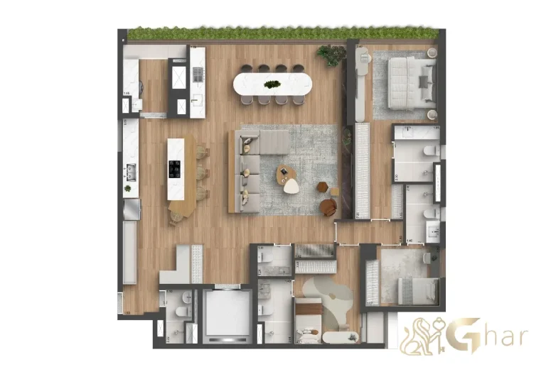 Planta apartamento 3 suítes com sala e cozinha integradas – Quarten Ibirapuera 164 m²