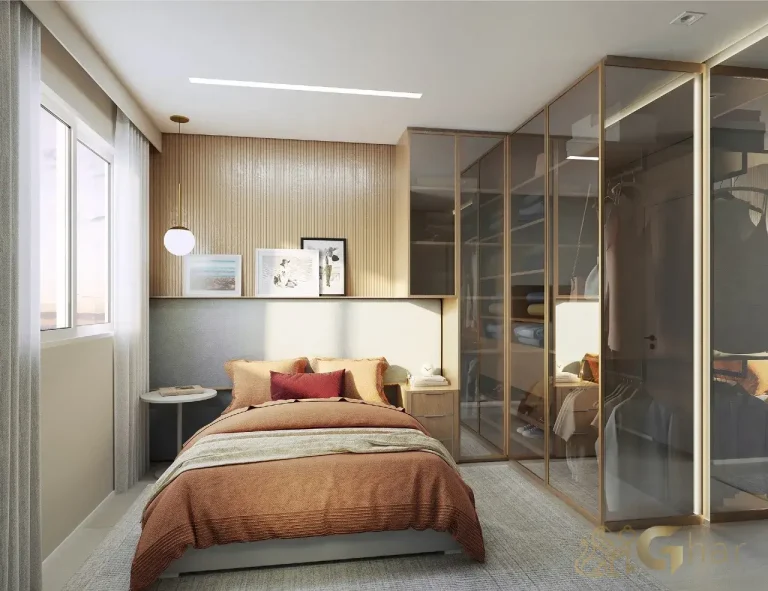 suíte master decorada do apartamento side sacomã ipiranga são paulo com iluminação natural e design contemporâneo