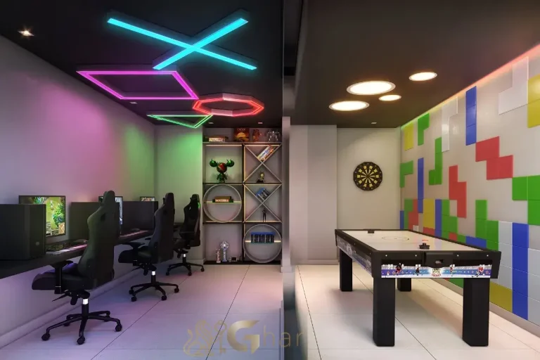 sala de jogos do condomínio side sacomã ipiranga são paulo com mesa de sinuca e decoração moderna