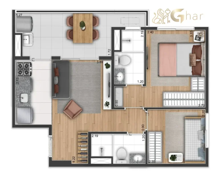 planta do apartamento side sacomã ipiranga são paulo 46m2 com 2 quartos 1 suíte e varanda gourmet