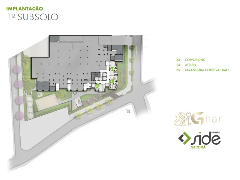 planta de implantação primeiro subsolo condomínio side sacomã ipiranga são paulo com lavanderia omo e coworking