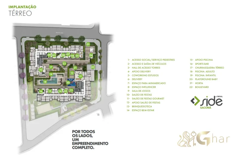 planta de implantação térreo condomínio side sacomã ipiranga são paulo com áreas comuns e lazer