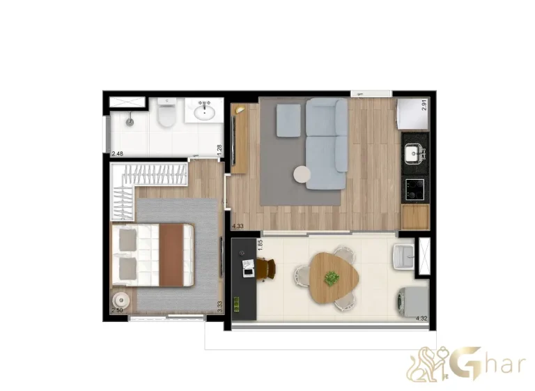 Planta do apartamento 1 dormitório 37 m² no The Collection Moema