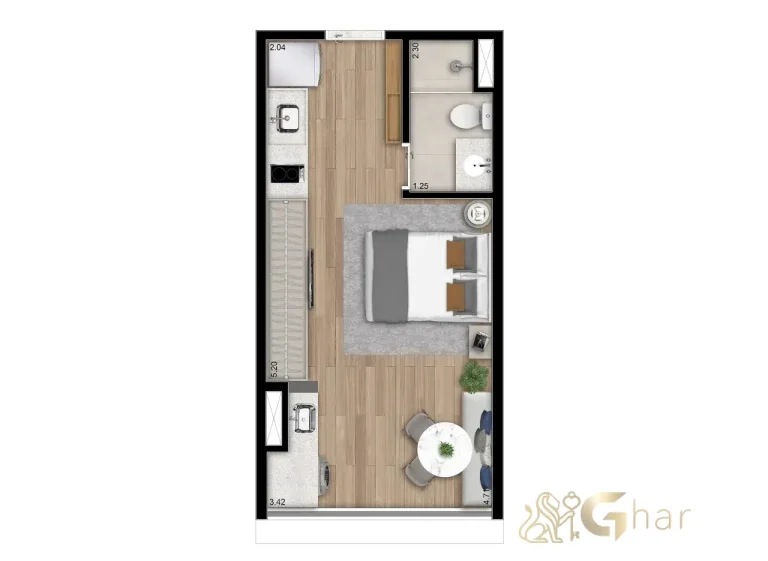 Planta do studio ampliado de 26 m² NR do The Collection Moema