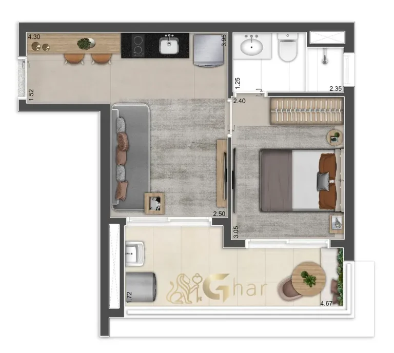 Planta apartamento 1 dormitório 36m² The Collection Perdizes