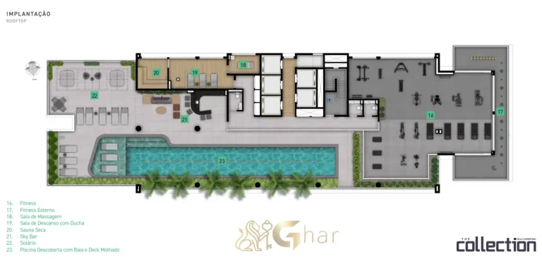 A planta de implantação térreo mostra todos os acessos sociais, áreas de lazer e serviços do The Collection Vila Clementino, incluindo praça, pet place, coworking e lavanderia coletiva.