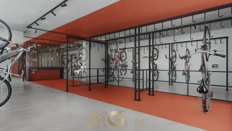 Bicicletário do The Collection Vila Clementino em São Paulo com tomadas para bikes elétricas