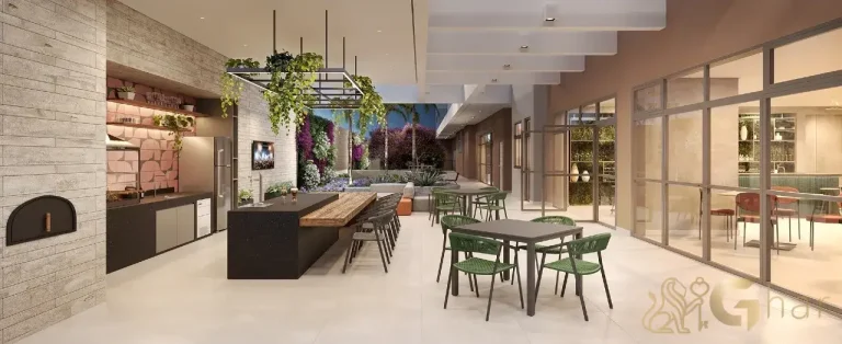 Churrasqueira com forno de pizza no The Collection Vila Clementino em São Paulo